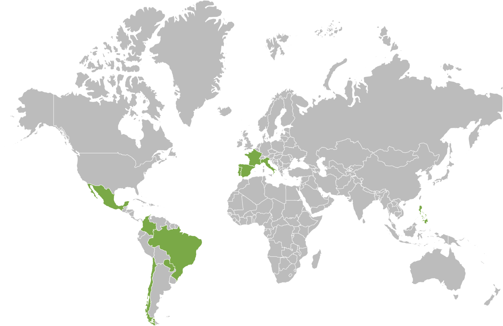 Mapa mundial con países seleccionados de trabajo de IAR